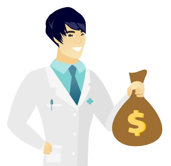 Jeune asiatique médecin tenant un sac d'argent . — Image vectorielle