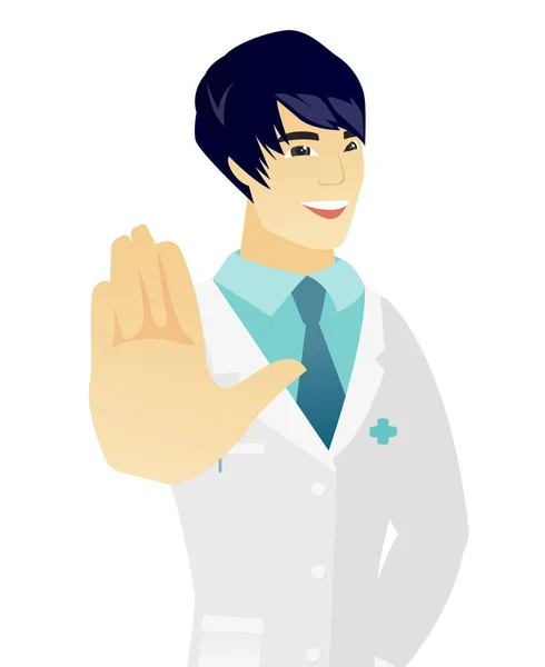 Young asian doctor showing palm hand. — Stock Vector