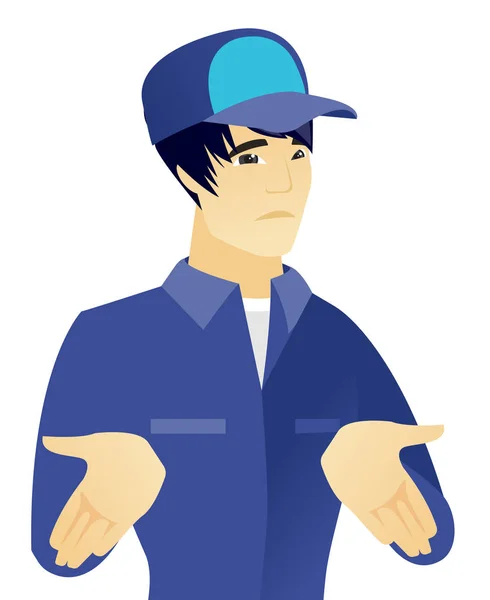 Young asian confused mechanic shrugging shoulders. — Stock Vector