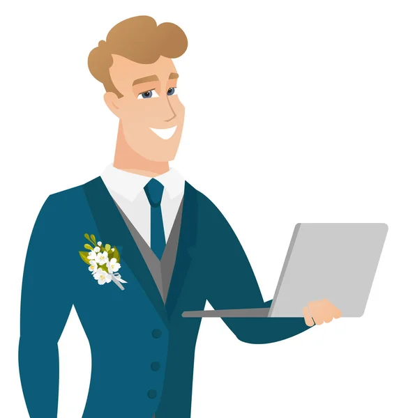 Young caucasian groom using a laptop. — Stock Vector