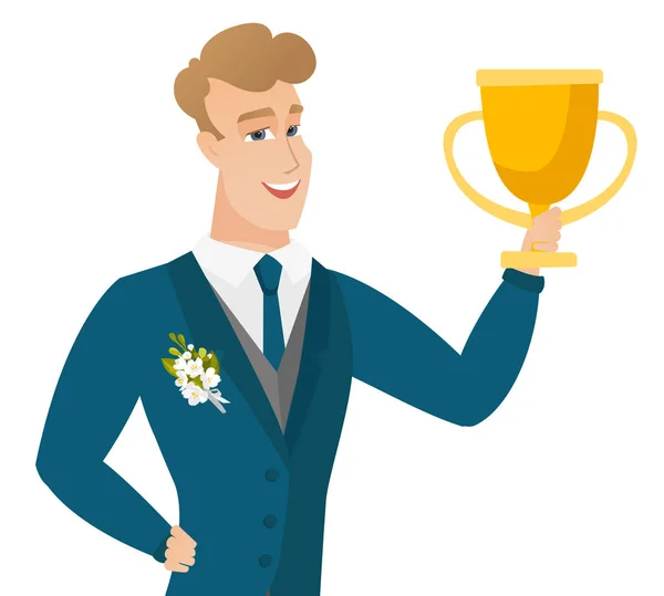 Young caucasian groom holding a trophy. — Stock Vector