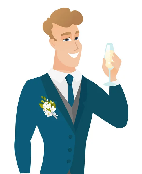 Giovane sposo caucasico in possesso di un bicchiere di champagne . — Vettoriale Stock