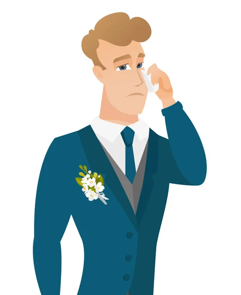 Young caucasian groom crying. — Stock Vector