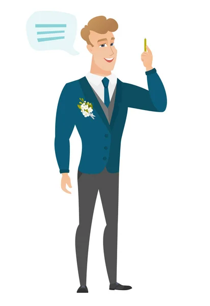 Young caucasian groom with speech bubble. — Stock Vector