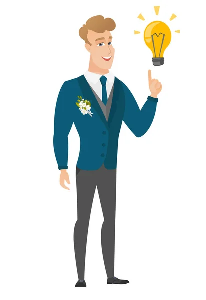 Groom pointing at business idea light bulb. — Stock Vector