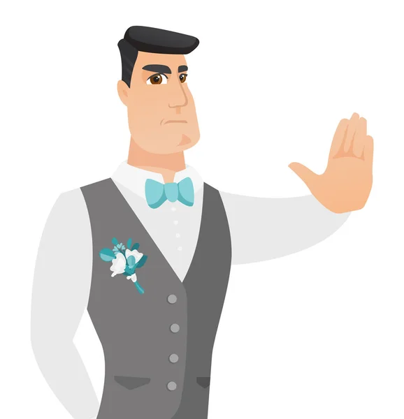 Jovem noivo caucasiano mostrando parar gesto mão . — Vetor de Stock