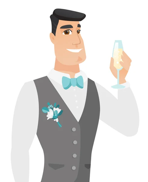 Young caucasian groom holding glass of champagne. — Stock Vector