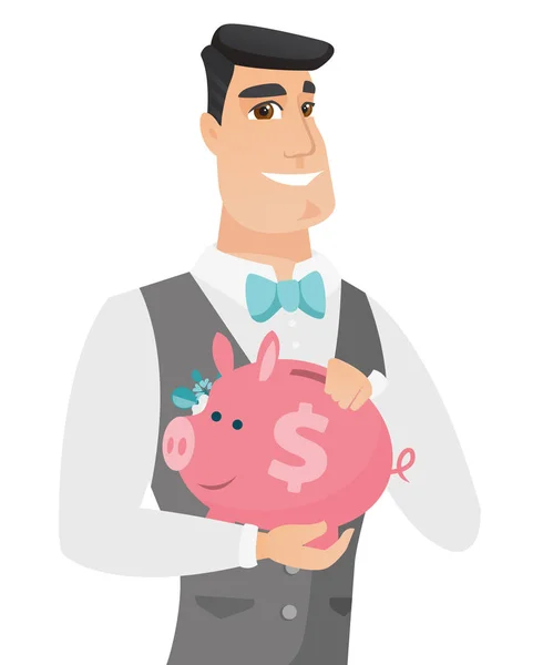 Piggy bank holding kaukázusi vőlegény. — Stock Vector