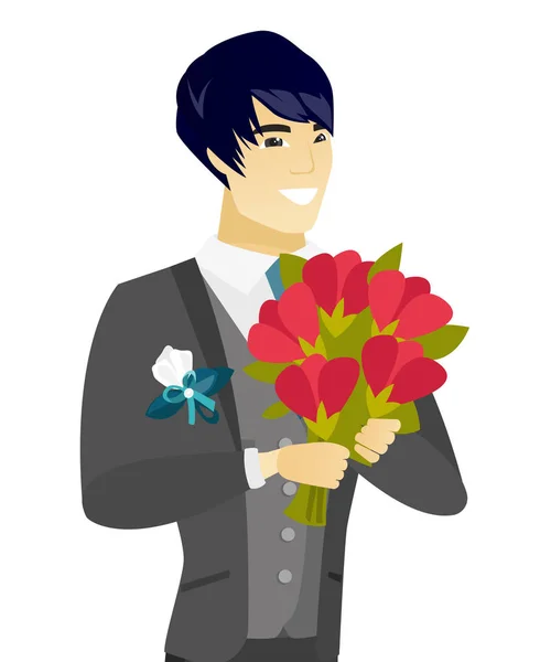 Joven asiático novio con un ramo de novia . — Vector de stock