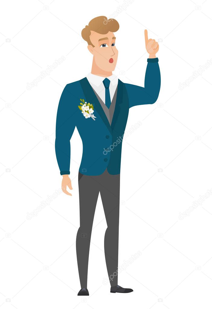 Groom with open mouth pointing finger up.