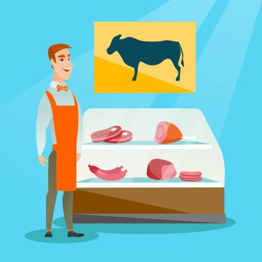 Taze et kasap dükkanında sunan kasap.