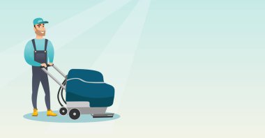 Mağaza zemin temizleme makinesi ile adam.