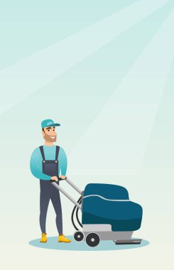 Mağaza zemin temizleme makinesi ile adam.