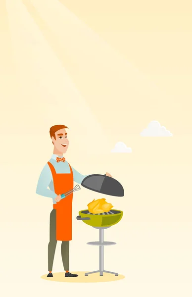 Man koken kip op de barbecue grill. — Stockvector
