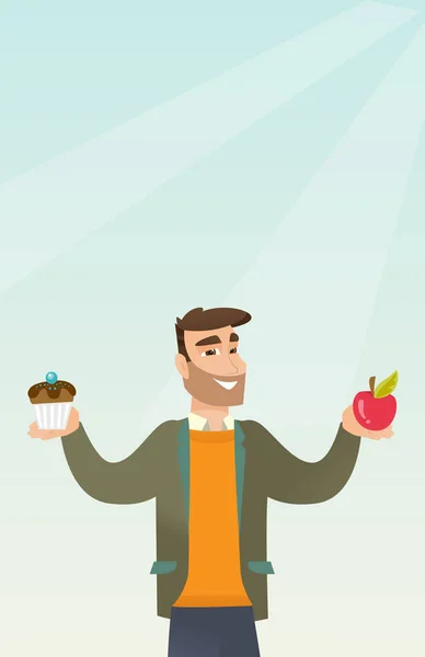 Hombre eligiendo entre manzana y magdalena . — Vector de stock