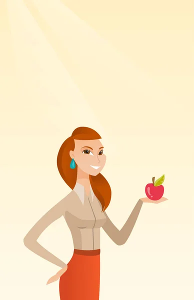 Jovem mulher segurando maçã vetor ilustração . —  Vetores de Stock