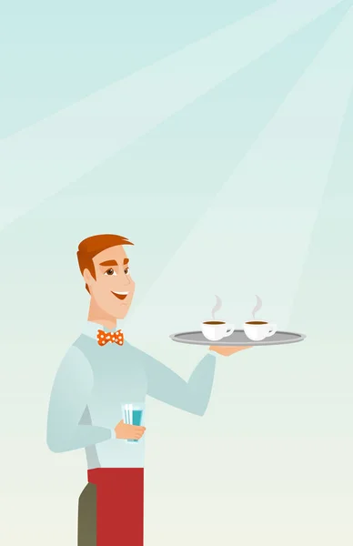 Kellner hält Tablett mit Tassen Kaffee oder Tee. — Stockvektor