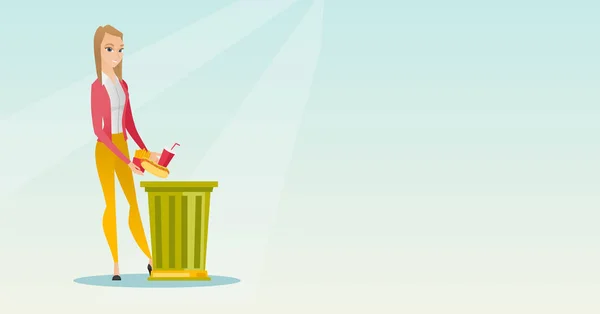 Mujer lanzando basura comida vector ilustración . — Vector de stock