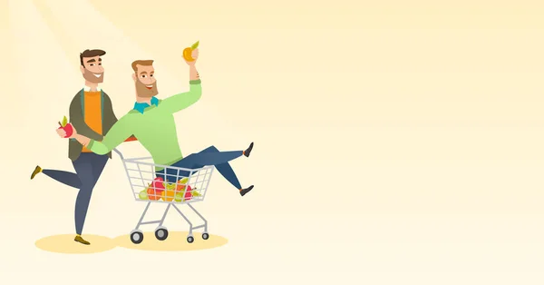 Cuplu de prieteni călărind în cărucior de cumpărături . — Vector de stoc