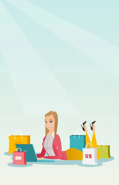 Jovem mulher caucasiana fazendo compras online . —  Vetores de Stock