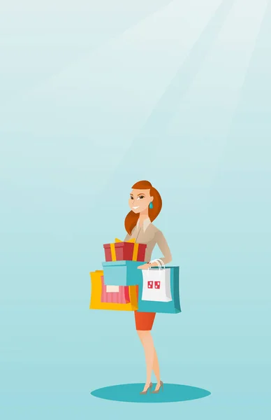 Žena držící nákupní tašky a dárkové krabičky. — Stockový vektor