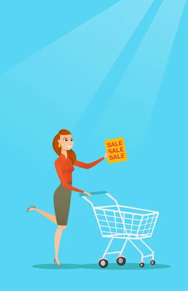 Vrouw uitgevoerd in een haast naar de winkel te koop. — Stockvector