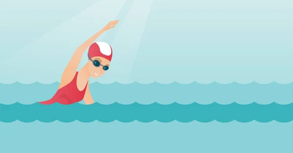 Unga kaukasiska idrottskvinna simning. — Stock vektor