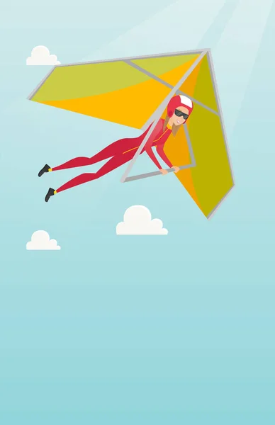 Junge kaukasische Frau fliegt auf Drachenflieger. — Stockvektor