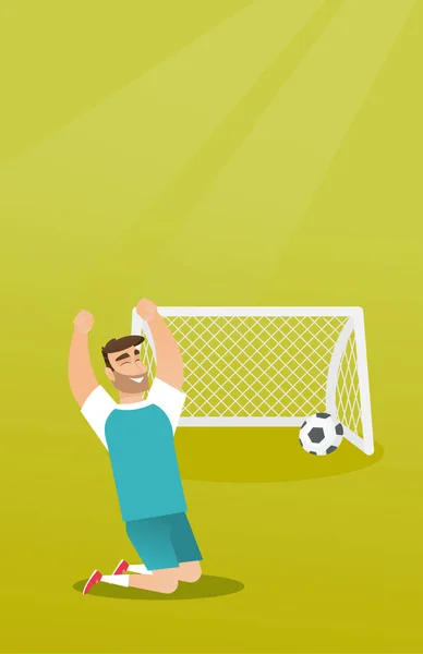 Jeune joueur de football caucasien célébrant un but . — Image vectorielle