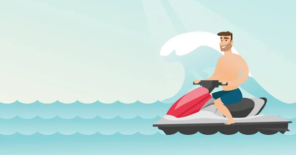Homem caucasiano montando em uma scooter de água no mar —  Vetores de Stock