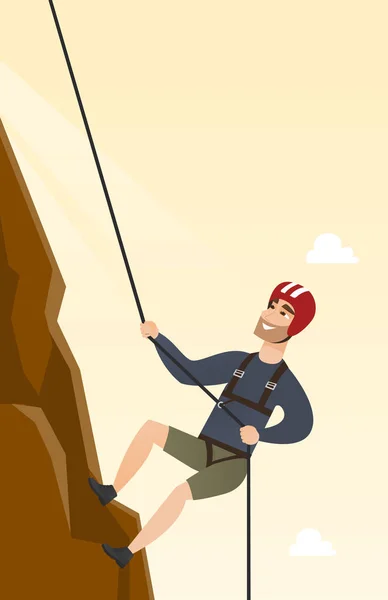 Young caucasian man climbing a mountain with rope. — Stock Vector