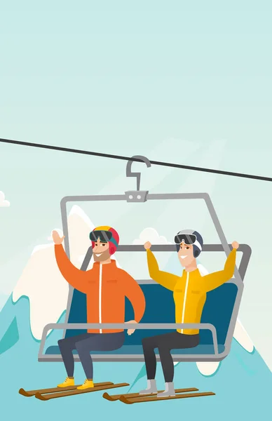 Zwei kaukasische Skifahrer nutzen Seilbahn im Skigebiet. — Stockvektor