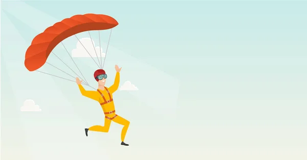 Young caucasian skydiver flying with a parachute. — Stock Vector