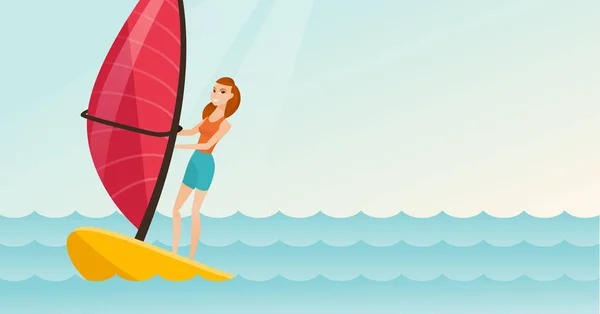 Mujer caucásica joven windsurf en el mar . — Vector de stock