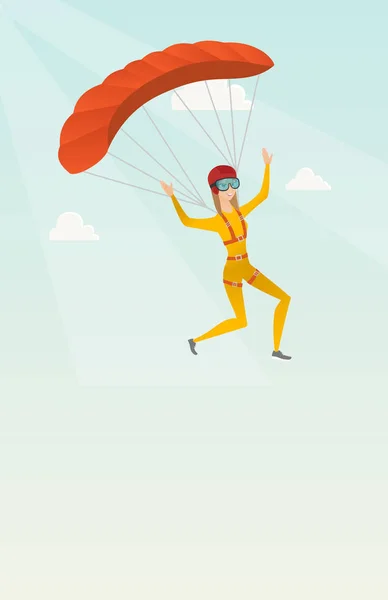 Young caucasian skydiver flying with a parachute. — Stock Vector