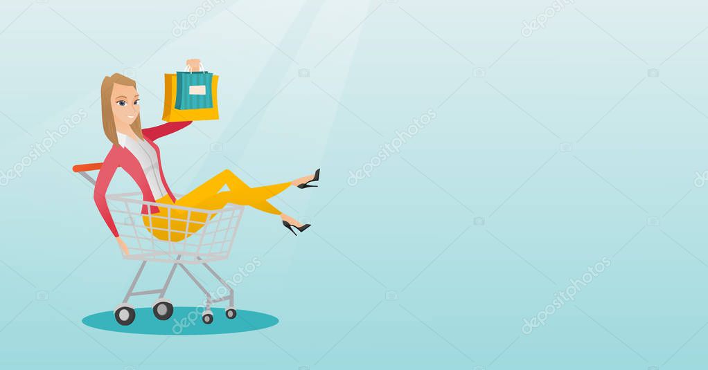 Young caucasian woman riding in shopping trolley.