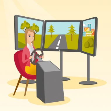 Genç kadın oyun tekerleği ile bilgisayar oyunu oynamak.