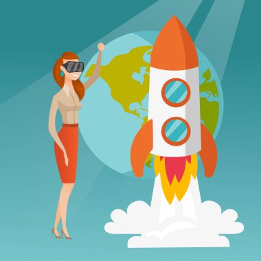 Açık alanda uçan vr kulaklık beyaz kadın