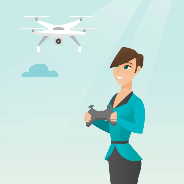 Young caucasian woman flying drone. — Stock Vector