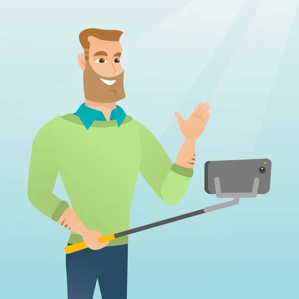 Joven caucásico hipster hombre haciendo selfie . — Vector de stock