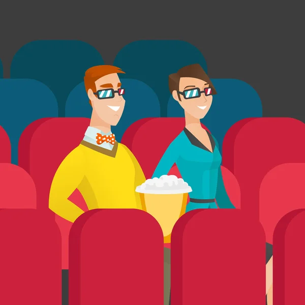 Caucasian couple watching 3D movie in the theatre. — Stock Vector