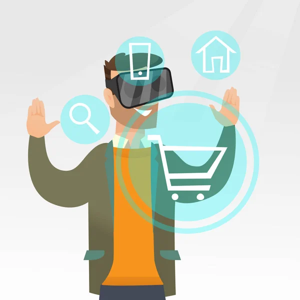 Mann im Virtual-Reality-Headset kauft online ein. — Stockvektor