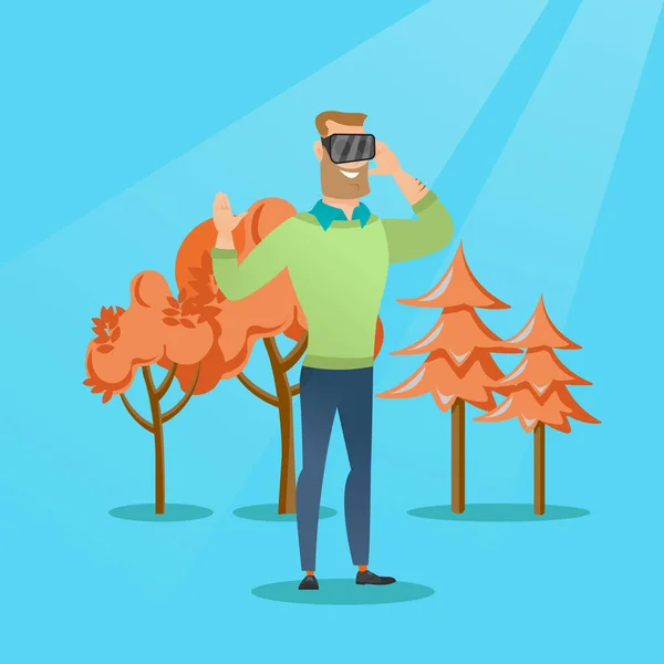 Man bär virtuell verklighet headset i parken. — Stock vektor