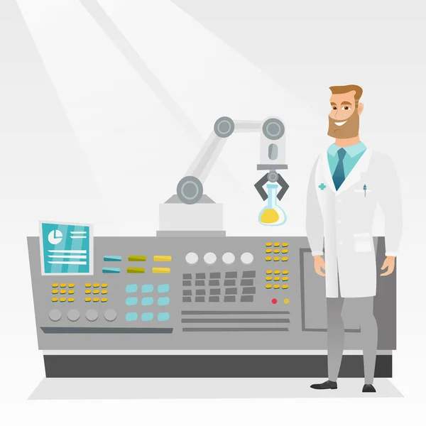 stock vector Scientist and robotic arm conducting experiments.