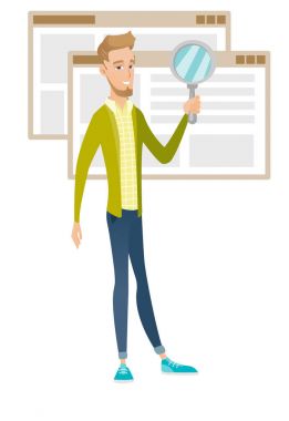 Büyüteç ile beyaz genç işadamı.