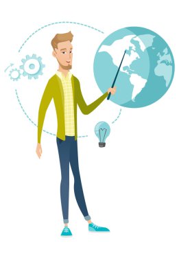 Genç Beyaz işadamı bir küre işaret.