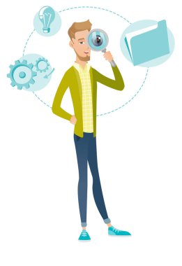 Büyüteç ile beyaz genç işadamı.