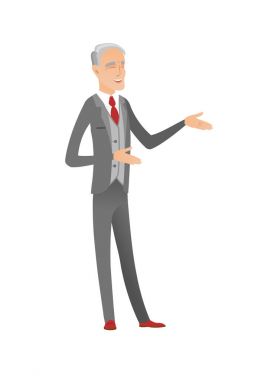 Üst düzey beyaz mutlu işadamı el hareketi.