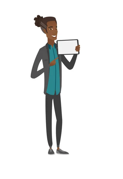 Empresario africano sosteniendo tableta ordenador . — Vector de stock