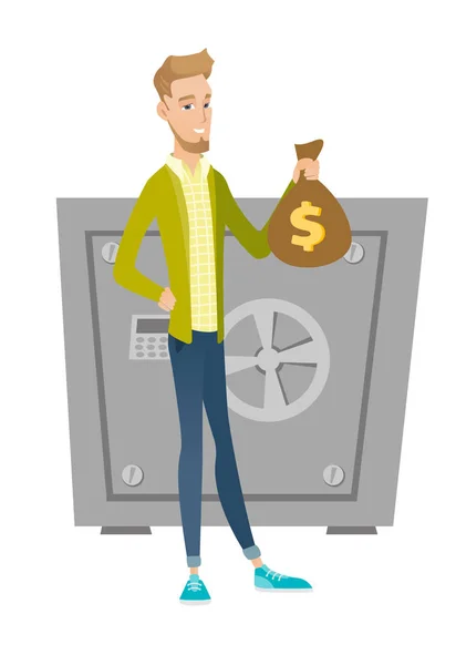 Joven hombre de negocios caucásico sosteniendo una bolsa de dinero . — Archivo Imágenes Vectoriales